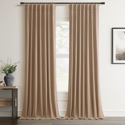 100% Blackout Curtain 108 Inch Length 2 Panel Faux Linen Modern Elegant Boho Farmhouse Living Room Darkening Curtain for Bedroom Window Black Out Drapes for Sliding Glass Door Back Tab 52x108 Tan