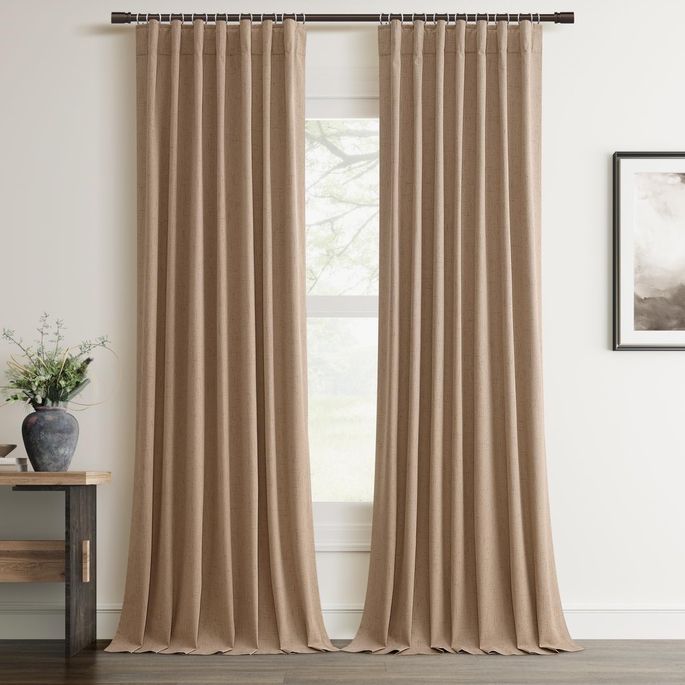 100% Blackout Curtain 108 Inch Length 2 Panel Faux Linen Modern Elegant Boho Farmhouse Living Room Darkening Curtain for Bedroom Window Black Out Drapes for Sliding Glass Door Back Tab 52x108 Tan