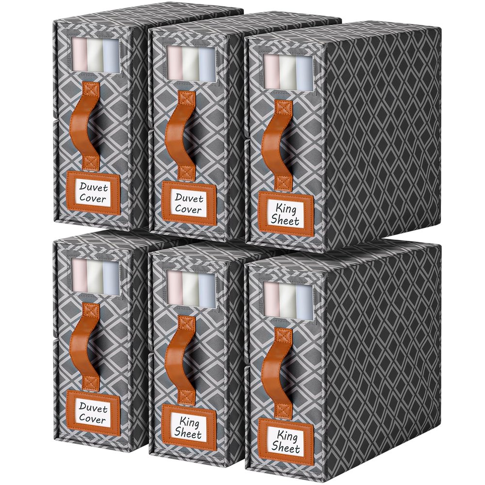 6 Pack Bed Sheet Organizers and Storage, (King & Queen Size) Sheet Organizer for Linen Closet, Foldable Bedding Storage Box with Window for Bedsheets, Duvet Cover and Pillowcase (Dark Grey 6 Pack)