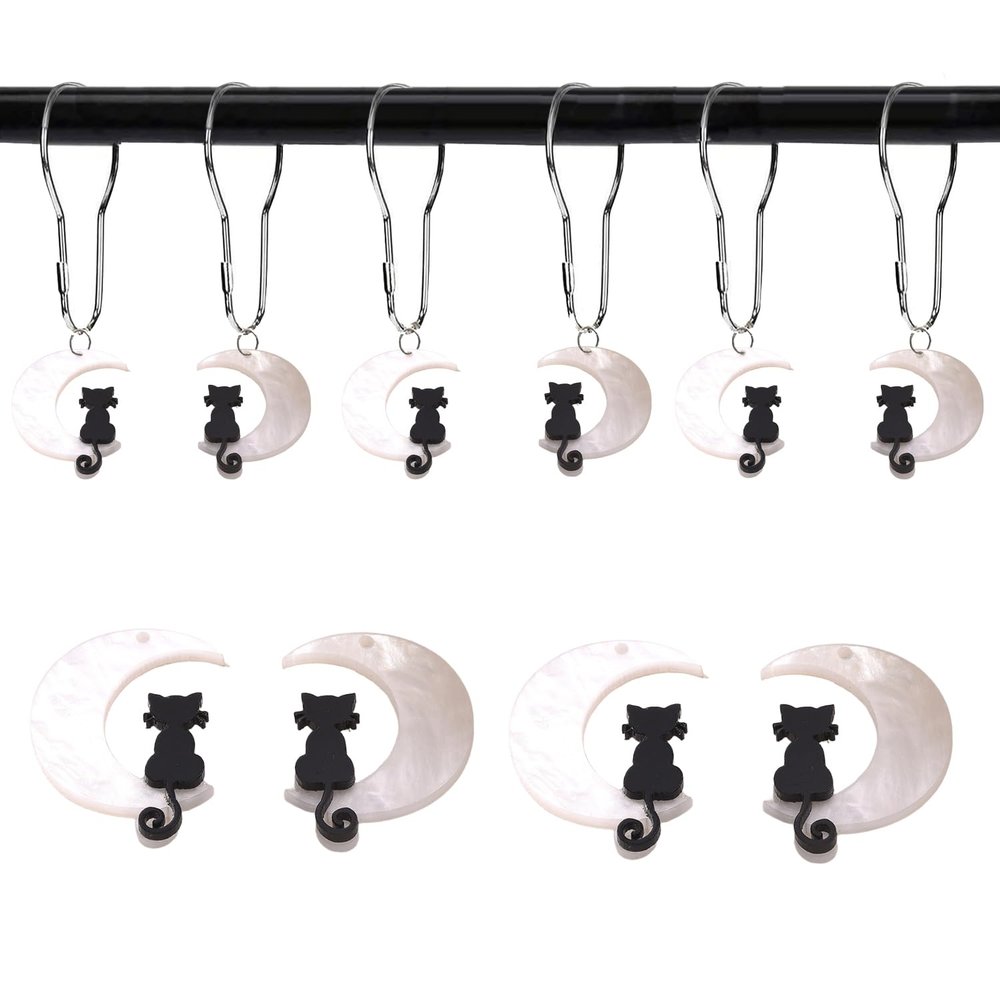 YRMLYMOP Cat Shower Curtain,12 Pcs Black Cat Shower Curtain Hooks Cute Funny Cat Shower Curtain Rings for Halloween Gothic Themed Decor Funny Cat Shower Curtain Hooks
