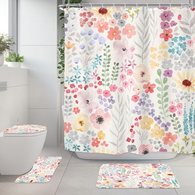 Pink Girls Floral Cute Non-Slip 4Pcs Bathroom Shower Curtain Set with Rugs