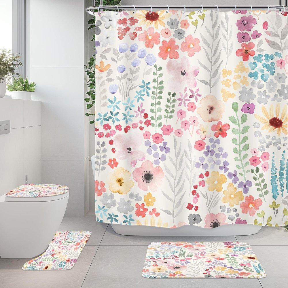 Pink Girls Floral Cute Non-Slip 4Pcs Bathroom Shower Curtain Set with Rugs