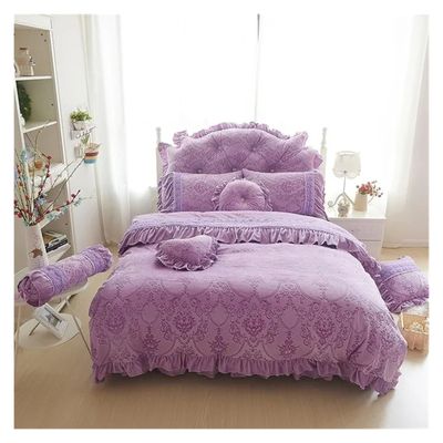 4pcs Princess Style Velvet Bedding Sets Cotton Warm Bed Linens Full Queen King Lace Flower Duvet Cover+Bed Skirt+Pillowcases,Bed