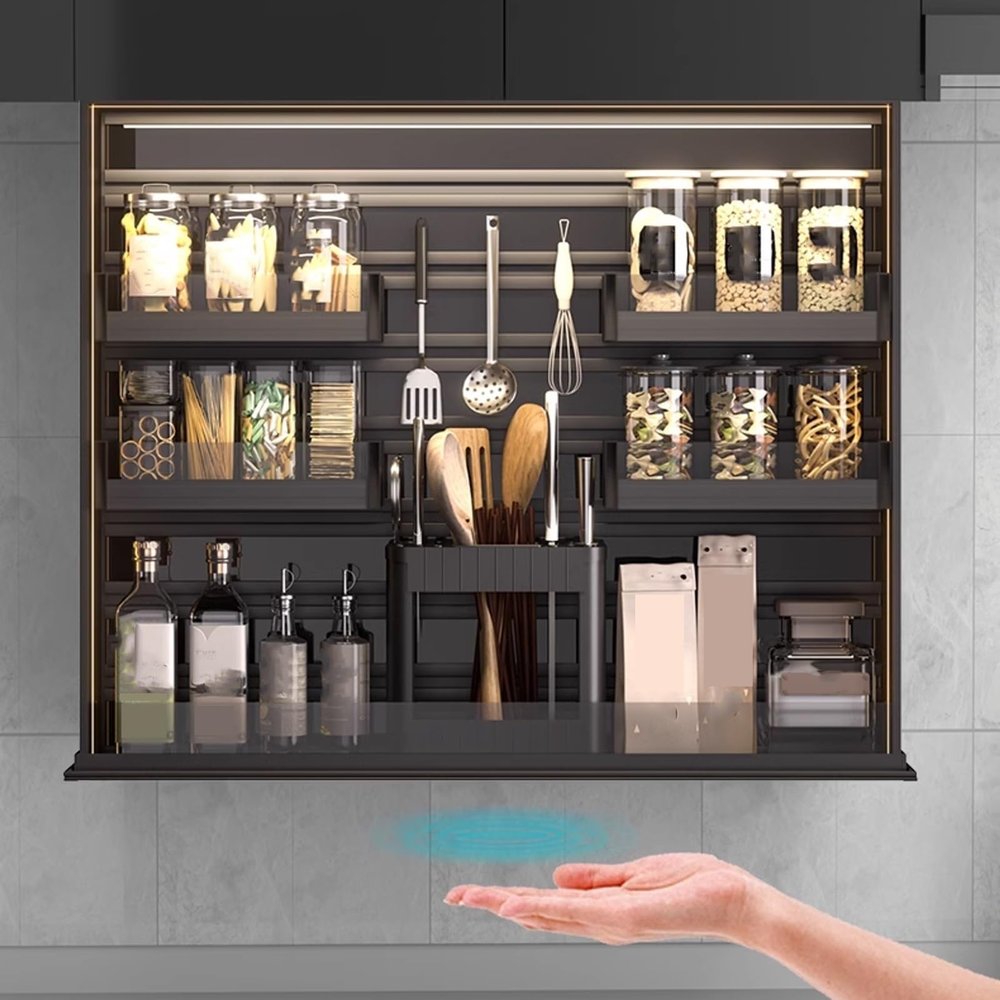 Cabinet Organizer Shelf Rack Metal Pull Down Cabinet Shelf Deep with Strong Load of 30kg, Spice Rack Organizer for Cabinet, Touch Switch and Antis-collision(500mm)