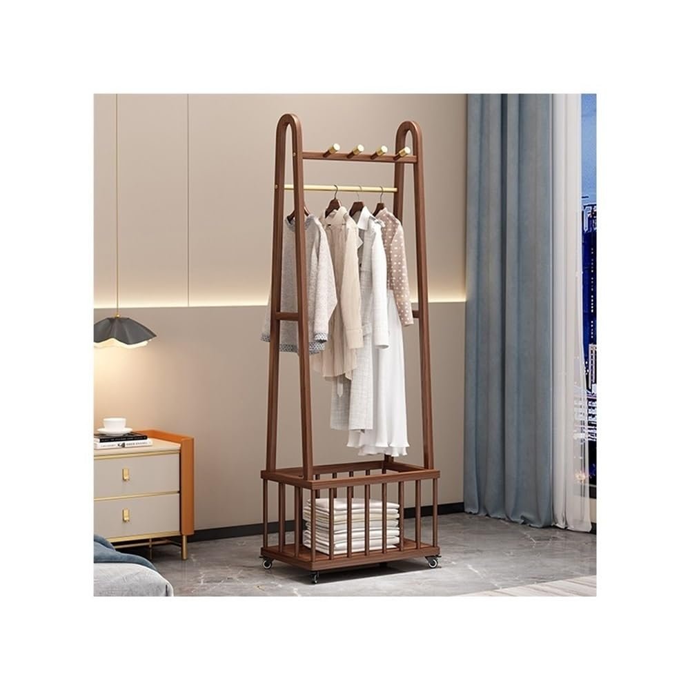 Coat and Hat Hanger, Solid Wood Floor-Standing Coat Rack Clothes Hanger Multifunctional Removable Clothes Rack with Storage Basket,Organizer Rack(Walnut,Large)