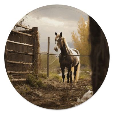 LDTVSFZQ Fence and Horse Round Beach Blanket, 59.1" X 59.1" Microfibre Cotton Picnic Towel, Circular Beach Blanket Throw with Fringe Round Tapestry for Beach Party Travel Picnic