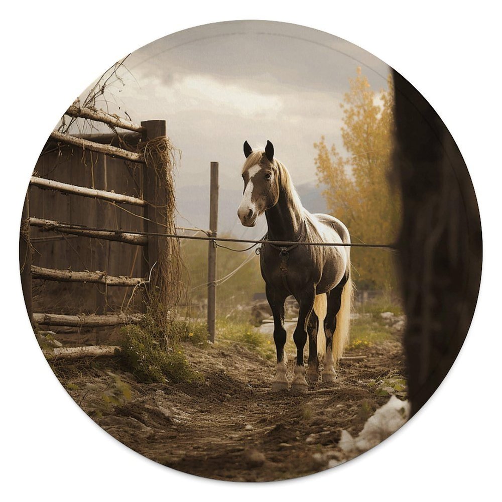 LDTVSFZQ Fence and Horse Round Beach Blanket, 59.1" X 59.1" Microfibre Cotton Picnic Towel, Circular Beach Blanket Throw with Fringe Round Tapestry for Beach Party Travel Picnic