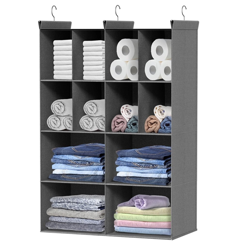 4 Tier Hanging Closet Organizer, 12 Compartments Dual Row Storage, Grey