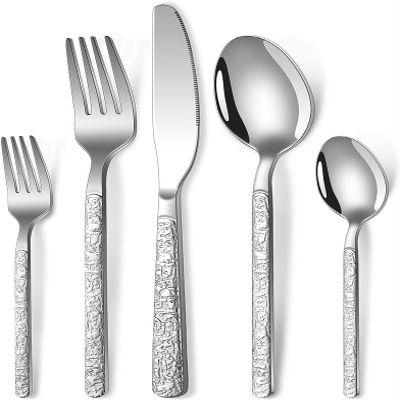 80 Piece Hammered Silverware Set,Stainless Steel Cutlery Set Flatware Set for 16 Kitchen Utensils Set for Home Kitchen Restaurant Hotel Mirror Effect Durable Dishwasher Safe
