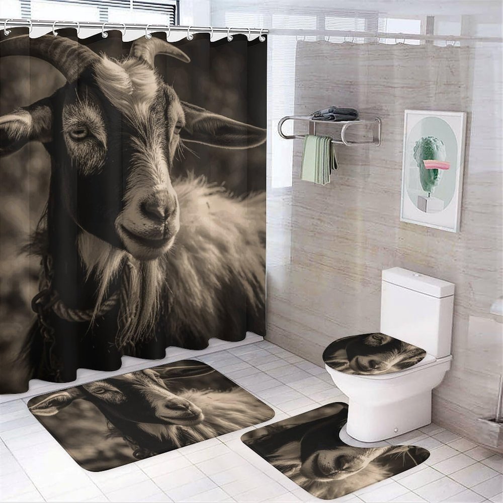 HEBVNJF Black and White Goat 4 Pcs Bathroom Shower Curtain SetBathroom Decor Set with Non-Slip Rugs Toilet Lid Cover and Bath Mat Bathroom Shower Set