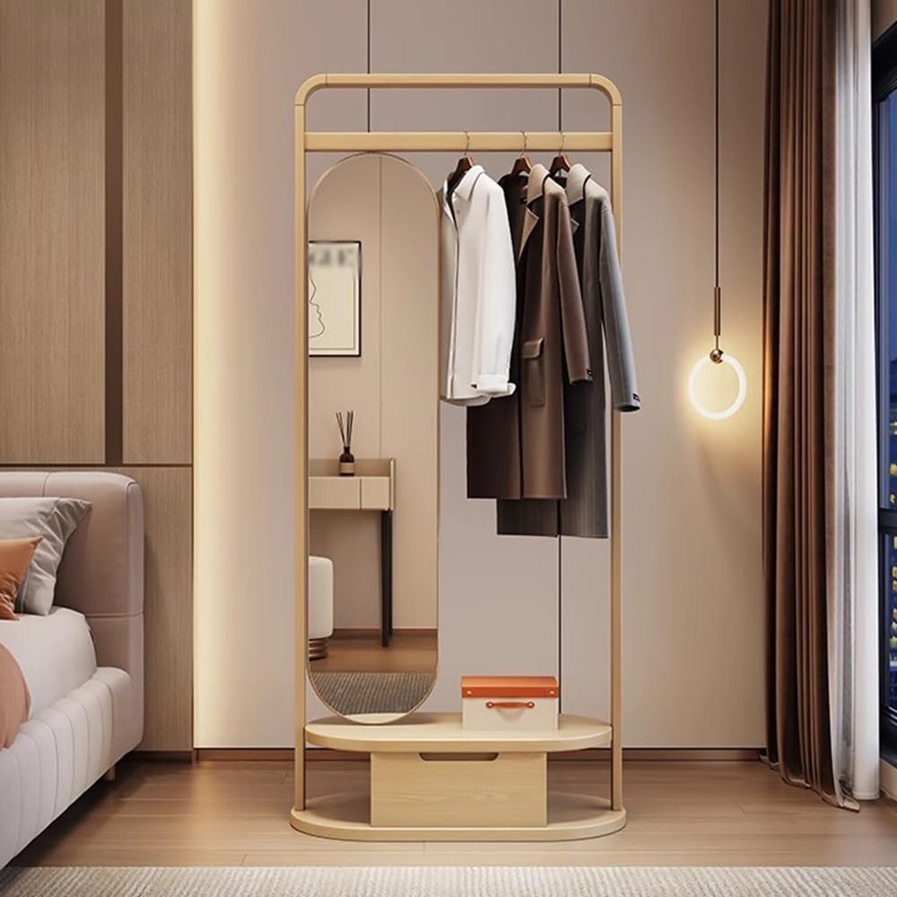 FURUIM2024M Coat Rack Solid Wood Coat Rack Floor Clothes Hanger Dressing Mirror Entrance Full Body Mirror Clothes Rack Bedroom Living Room Free Standing Coat Stand(Wood Color,Small)