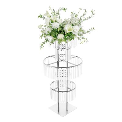 5 Tiers Crystal Flower Stand with Hanging Crystals, 43.3" Silver Chandelier Pedestal Vase, Round Square Base Wedding Table Centerpiece for Birthday Party Events Home Decor