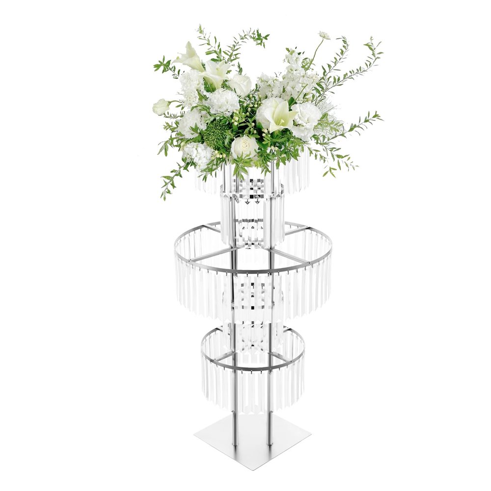 5 Tiers Crystal Flower Stand with Hanging Crystals, 43.3" Silver Chandelier Pedestal Vase, Round Square Base Wedding Table Centerpiece for Birthday Party Events Home Decor