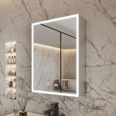 ComfyStyle 24x32 Inch Lighted Medicine Cabinet, Recessed or Surface LED Medicine Cabinet with Clock & Temperature Display, Anti-Fog, 3-Color Dimmable LED, Door Left Open
