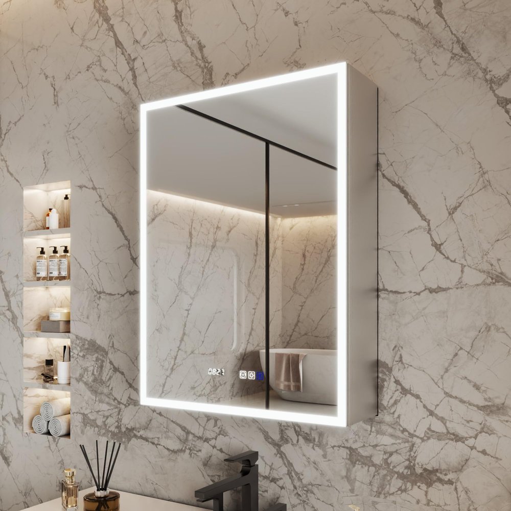 ComfyStyle 24x32 Inch Lighted Medicine Cabinet, Recessed or Surface LED Medicine Cabinet with Clock & Temperature Display, Anti-Fog, 3-Color Dimmable LED, Door Left Open