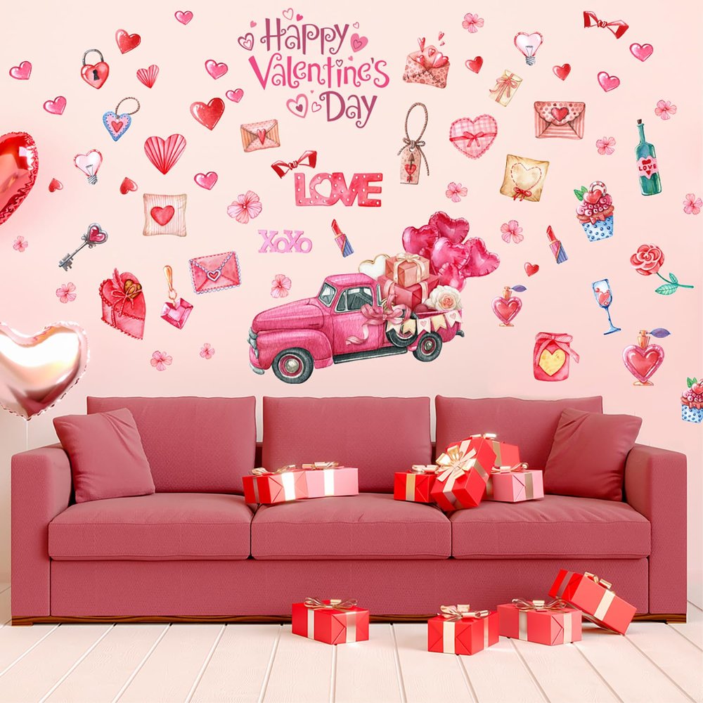 1Sheet Valentine's Day Wall Decals Red Heart Stickers for Wall Decoration Balloon Envelope Truck Love Hearts Design Valentines Window Decor Stickers Self Adhesive Wedding Wall Stickers for Home Decor