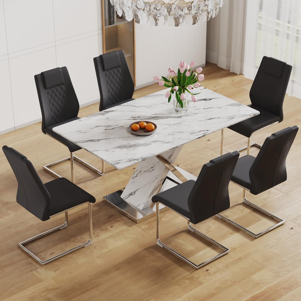 63'' Marble Dining Table Set for 6, Modern Dining Table Set for 6, White Marble Dining Table with 0.4'' Marble Pattern Tempered Glass Tabletop & X-Shaped Leg, 6 PU Dining Chairs, Kitchen, Dining Room