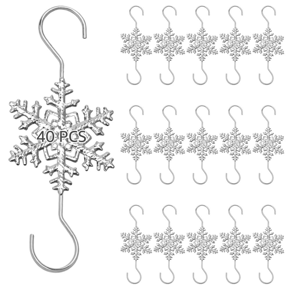 40-Piece Metal S Hooks with Silver Snowflake Design, Rust-Resistant Hangers for Christmas Ornaments, Holiday Party Decorations