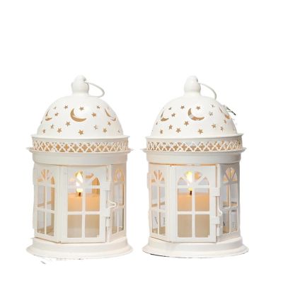 2Pcs Vintage Candle Holder Lanterns White Black Lantern Metal Hanging Candleholder Indoor Outdoor Weddings Home Decor(White)