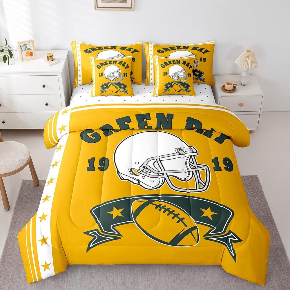 Erosebridal Football Sports Comforter Set Queen for Kids Boys Cartoon Rugby Helmet Bedding ETS Yellow White Stars Stripes Comforter + Flat Sheet + Fitted Sheet + 2 Pillowcases + 2 Throw Pillow Covers