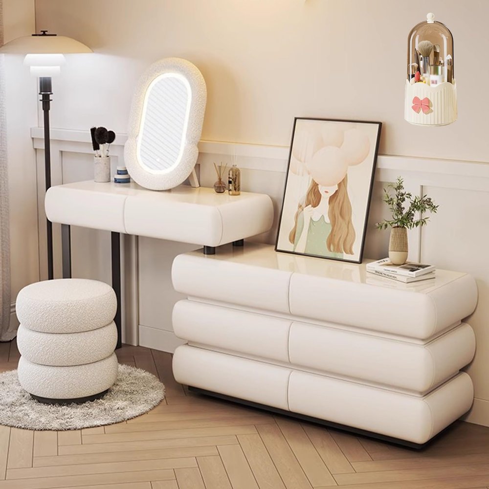 LVYWEX Vanity Desk with Mirror,Telescopic Dresser with 8 Drawers and 1Chair,3 Lighting Modes,Makeup Vanity Table Lots Storage,Gifts for Girls(B,White_120CM)