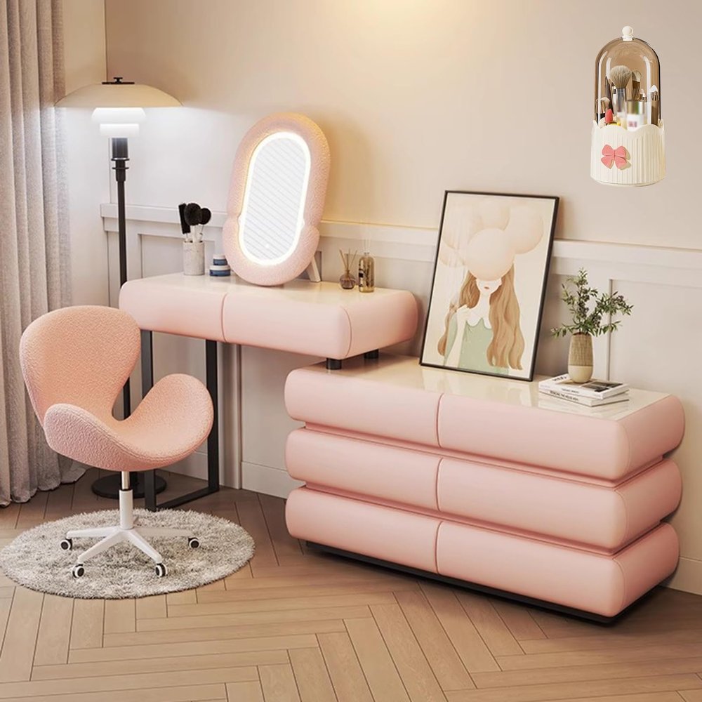 LVYWEX Vanity Desk with Mirror,Telescopic Dresser with 8 Drawers and 1Chair,3 Lighting Modes,Makeup Vanity Table Lots Storage,Gifts for Girls(A,Pink_120CM)