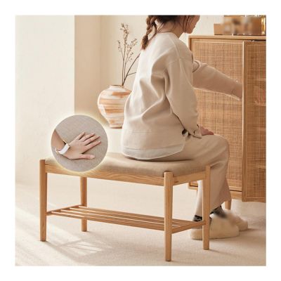 ZHENGQIAN Shoe Bench,Storage Bench,23.6/31.5" Shoe Storage Bench Organizer,with Cylindrical Wood Legs, for Front Door Entrance, Shoe Rack Bench with Cushion,Linen(Original Wood,L31.5xH16.5IN)