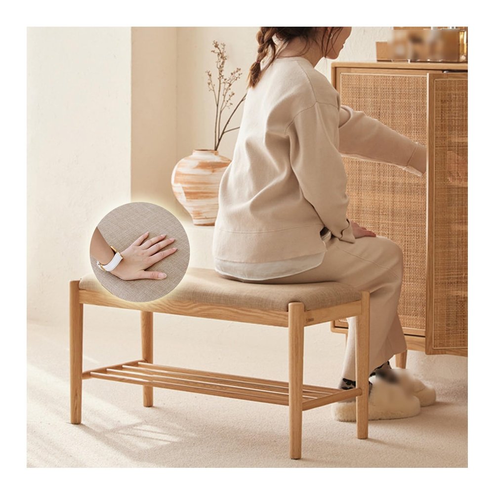 ZHENGQIAN Shoe Bench,Storage Bench,23.6/31.5" Shoe Storage Bench Organizer,with Cylindrical Wood Legs, for Front Door Entrance, Shoe Rack Bench with Cushion,Linen(Original Wood,L31.5xH16.5IN)