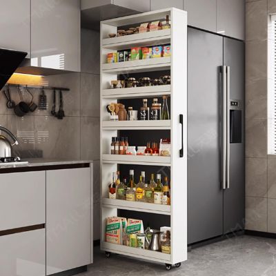 RUYICZB Slim Storage Cart,Kitchen Rolling Cart,Narrow Storage Cabinet with Handle & Wheels,Wood Spice Rack Next to Fridge,Pantry Shelf for Kitchen for Small Spaces,White,21.65"x7.87"x72.44"