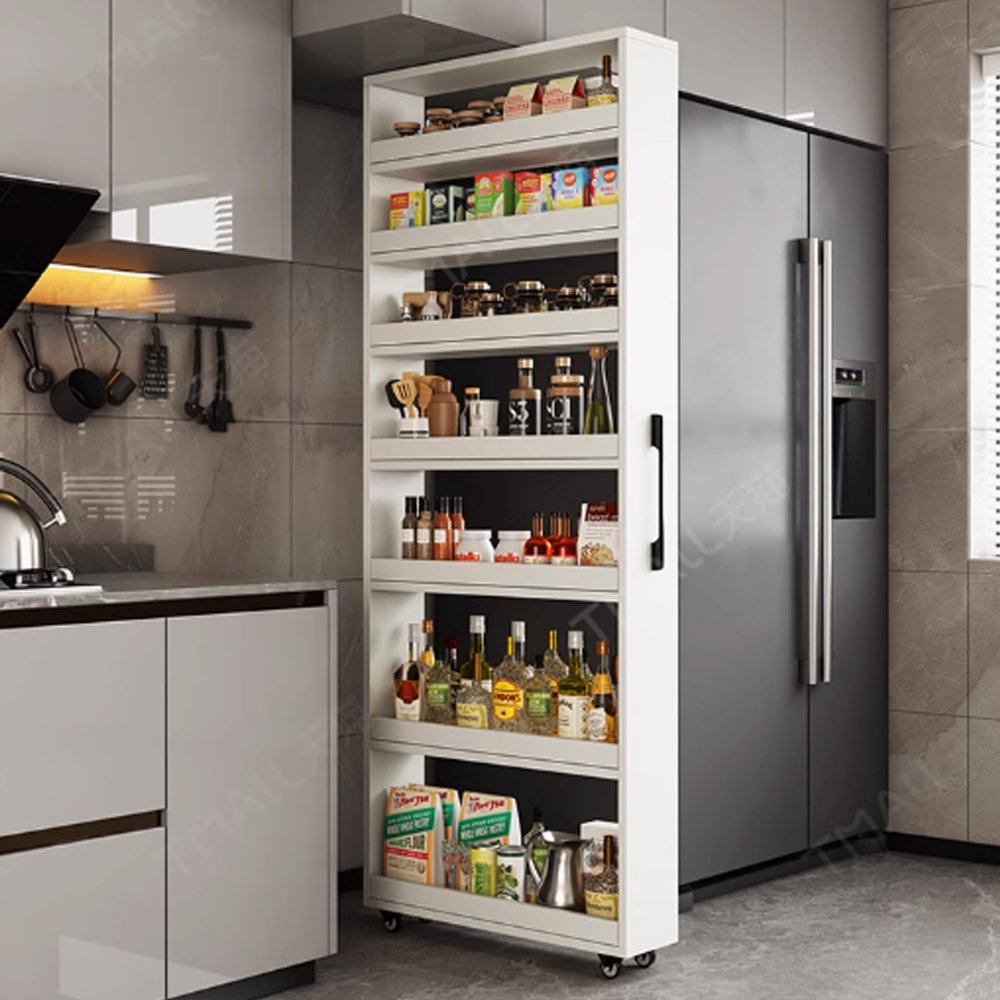 RUYICZB Slim Storage Cart,Kitchen Rolling Cart,Narrow Storage Cabinet with Handle & Wheels,Wood Spice Rack Next to Fridge,Pantry Shelf for Kitchen for Small Spaces,White,21.65"x7.87"x72.44"