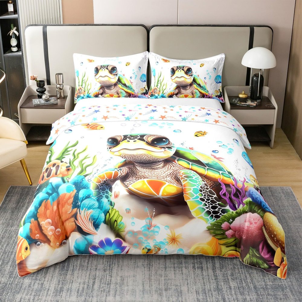 jejeloiu Sea Turtle 100% Cotton Duvet Cover Queen Size Fish Bedding Set Kids Beach Reptile Tortoise Animal Comforter Cover Set Summer Ocean Sea Marine Creature Sealife Bedspread CoverNo Comforter