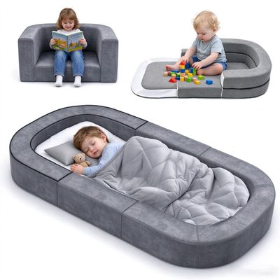 cutebeams 3-in-1 Toddler Travel Bed, Portable Toddler Floor Bed, Convertible Lounger and Sofa for Kids with Carrying Bag, Lightweight Foldable Design for Home, Camping, Travel