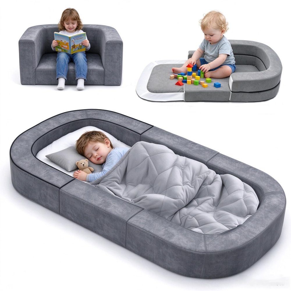 cutebeams 3-in-1 Toddler Travel Bed, Portable Toddler Floor Bed, Convertible Lounger and Sofa for Kids with Carrying Bag, Lightweight Foldable Design for Home, Camping, Travel