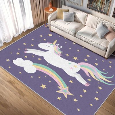 Xyzdorv Kids 8x10 Rainbow Unicorn Rug for Girl Bedroom - Clouds Star Sky Room Decor Large Area Rugs, Cartoon Unicorn Girl Carpet for Nursery Playroom Classroom, Soft Non Slip Washable Floor Rug