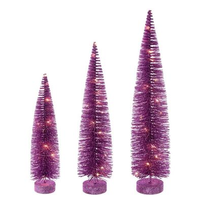 Vickerman 16"-20"-24" Pink Lit Bottle Brush Tree Set.