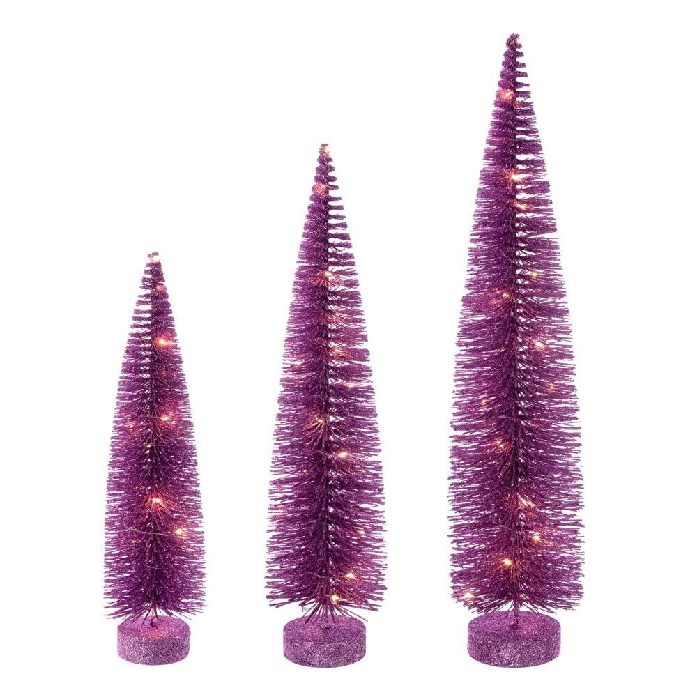 Vickerman 16"-20"-24" Pink Lit Bottle Brush Tree Set.