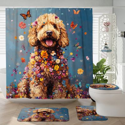 4PCS Cute Golden Doodle Dog Bathroom Accessory Sets with Non-Slip Rug, U Shape and Toilet Lid Cover Mat, Floral Butterflies Bathroom Fabric Decor-72''x72''