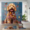 4PCS Cute Golden Doodle Dog Bathroom Accessory Sets with Non-Slip Rug, U Shape and Toilet Lid Cover Mat, Floral Butterflies Bathroom Fabric Decor-72''x72'' view 1