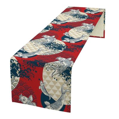 Japanese Koi Fish Table Runner,Fish Sea Wave Pattern Vintage Asian Traditional Oriental Style Table Runner for Kitchen Dining Table Wedding Holiday Home Party Decor 13x120in