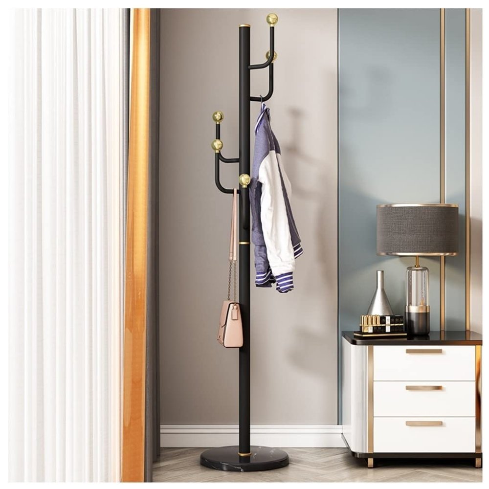 ZGSXQT Freestanding Hall Tree, Coat Stand Rack Metal Hat Bag Rack Free Standing Stainless Steel Coat Rack With 6 Hooks Hallway Organiser Clothes Clothes Stand for Coats(Gold) (Black 182 * 38cm)