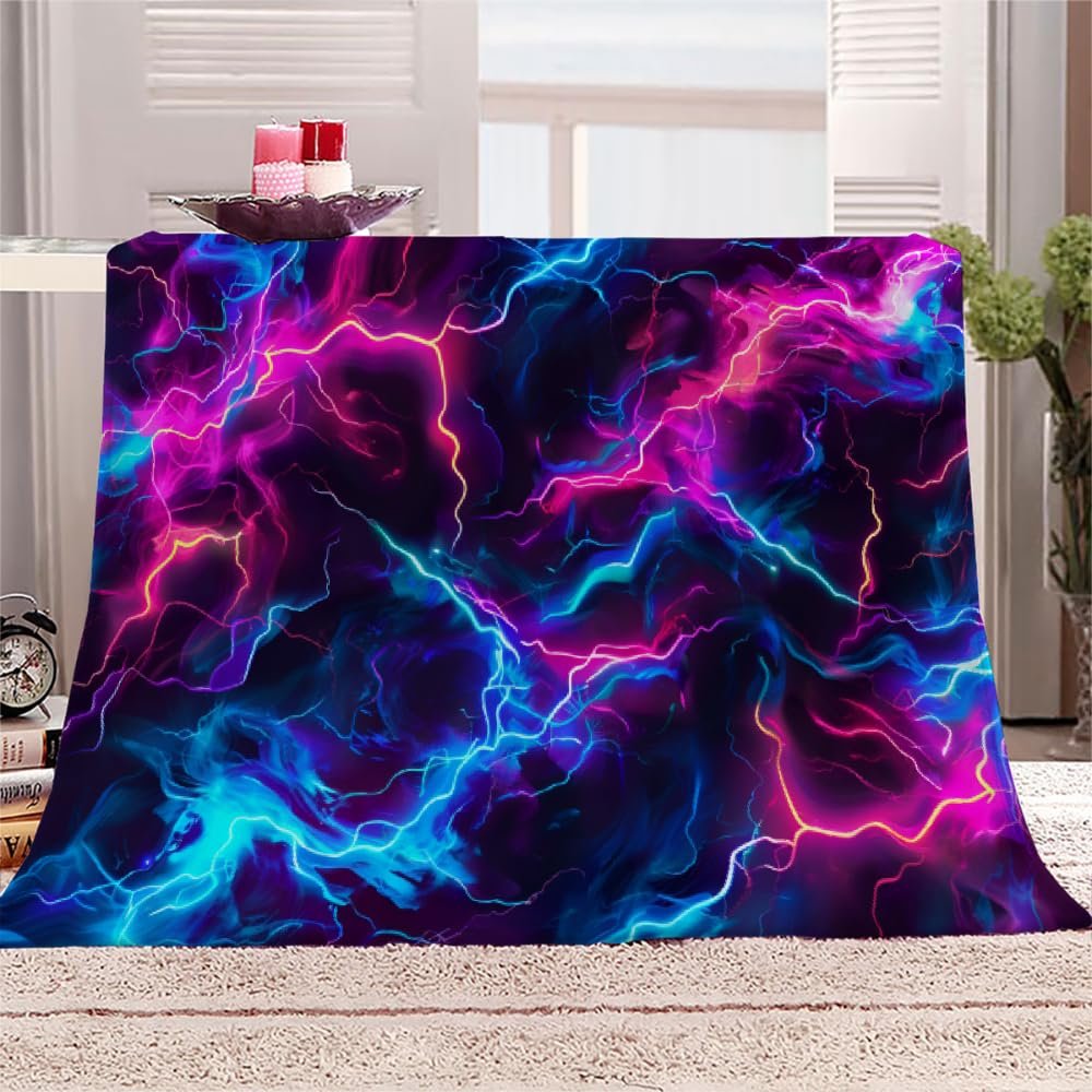 3D Lightning Blanket Twin Size, Blue and Purple Fleece Blanket for Couch Bed Sofa, Modern Cool Blankets and Throws, Psychedelic Hippie Super Soft Cozy Plush Flannel Blanket 60x80, Decor & Gift
