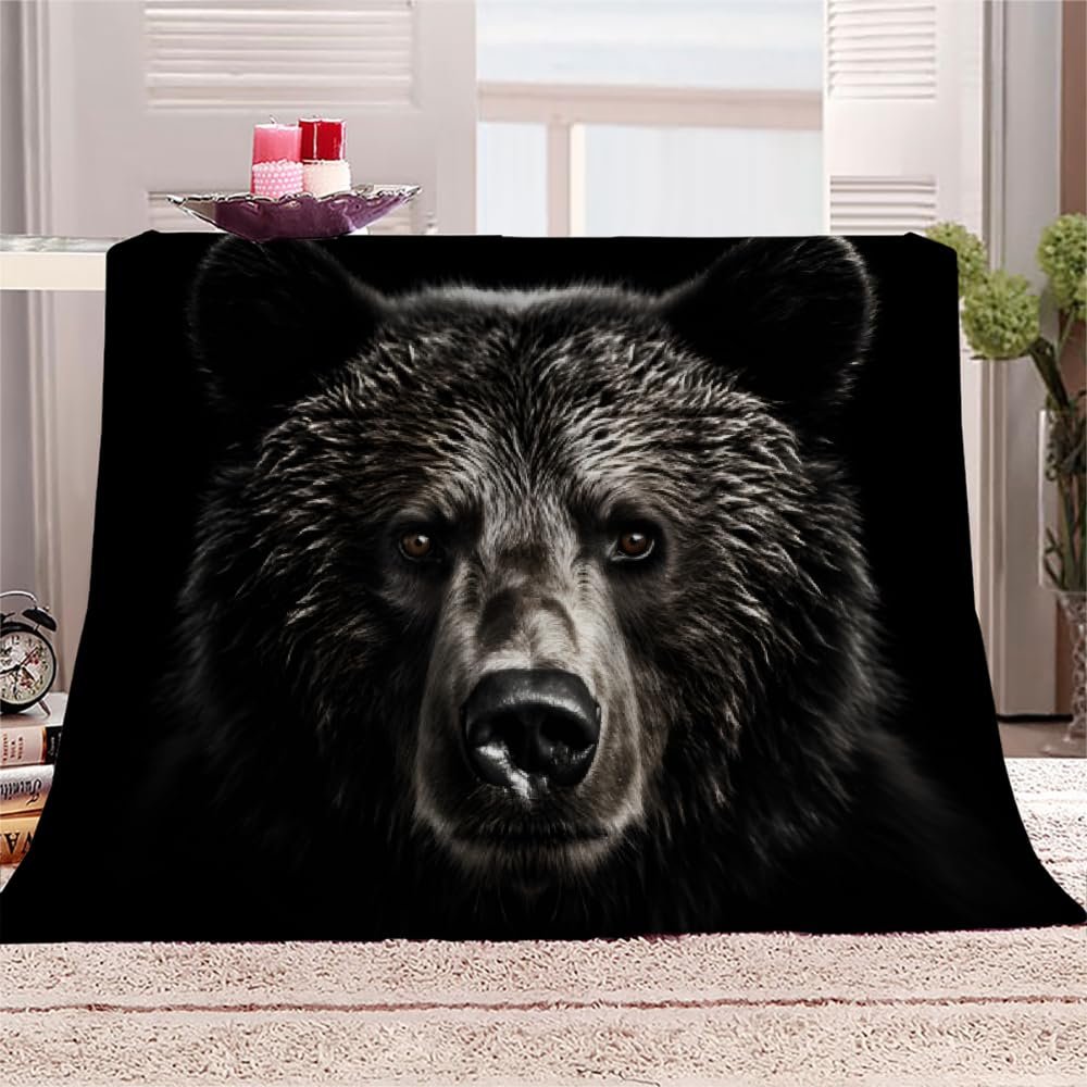 3D Bear Blanket King Size, Fleece Blanket for Couch Bed Sofa, Fierce Animal Blankets and Throws, Black Theme Super Soft Cozy Plush Flannel Blanket, 108 x 90 in, Scary Eye Cool Bear