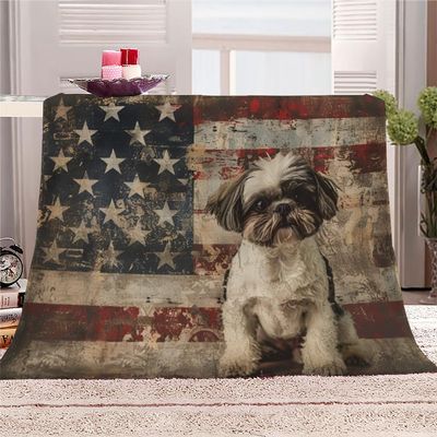 Shih Tzu Dog Blanket Twin Size, Cute Puppy Fleece Blanket for Couch Bed Sofa, Pet Dog Blankets and Throws, USA Flag Super Soft Cozy Plush Flannel Blanket 60x80, Decor & Gift