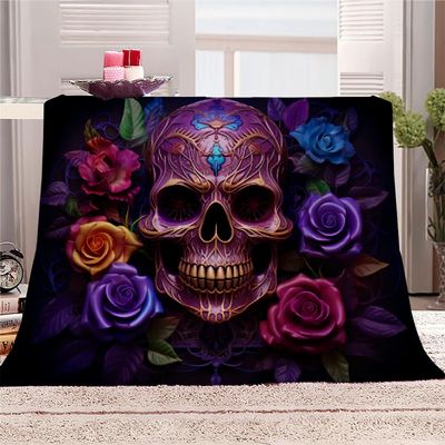 3D Colorful Skull Blanket Twin Size, Fleece Blanket for Couch Bed Sofa, Gothic Skeleton Blankets and Throws, Bones with Rose Super Soft Cozy Plush Flannel Blanket, 60 x 80 in, Colorful