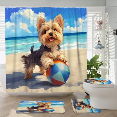 4PCS Yorkie Dog Shower Curtain Sets with Non-Slip Rug, U Shape and Toilet Lid Cover Mat, Fun Puppy Animal Beach Cartoon Kids Bath Decor, Bathroom Accessory with Hooks