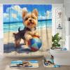 4PCS Yorkie Dog Shower Curtain Sets with Non-Slip Rug, U Shape and Toilet Lid Cover Mat, Fun Puppy Animal Beach Cartoon Kids Bath Decor, Bathroom Accessory with Hooks view 1