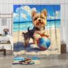 4PCS Yorkie Dog Shower Curtain Sets with Non-Slip Rug, U Shape and Toilet Lid Cover Mat, Fun Puppy Animal Beach Cartoon Kids Bath Decor, Bathroom Accessory with Hooks view 3