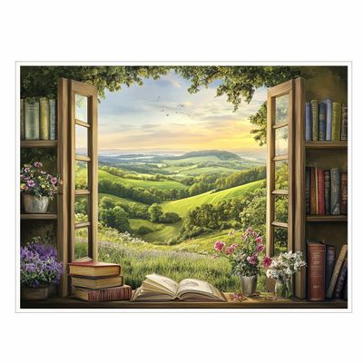 English Garden Window Wall Art Rustic Cottage View, Countryside Landscape Canvas Print for Living Room, Bedroom, or Office 24x36in Unframed