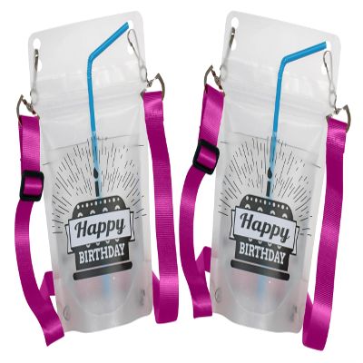 NeckSip Happy Birthday Wearable Drink Pouches 12oz 2-Pack, Purple Lanyards