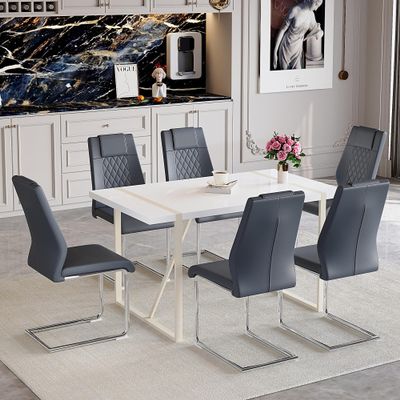 55"Kitchen Table Chairs Set of 6,Dining Table Set for 6 with Chairs,1.5" Thick MDF Table Top with White Metal Frame and 6 PU Chairs,Modern Dining Table Set for 6 for Apartment Dining Room Kitchen